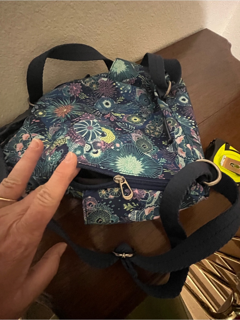 Sakroots Navy Floral Mini Backpack with Teal, Aqua & Lavender Accents - Picture 6 of 11